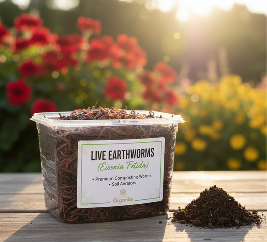 Container of live earthworms with a label on a wooden surface with flowers in the background
